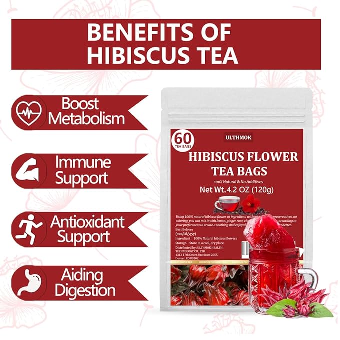Premium Hibiscus Tea Bags,60 Tea Bags 2g /4.24 Oz,100% Pure Dried Hibiscus Flower,Natural & No Additives,Caffeine Free.