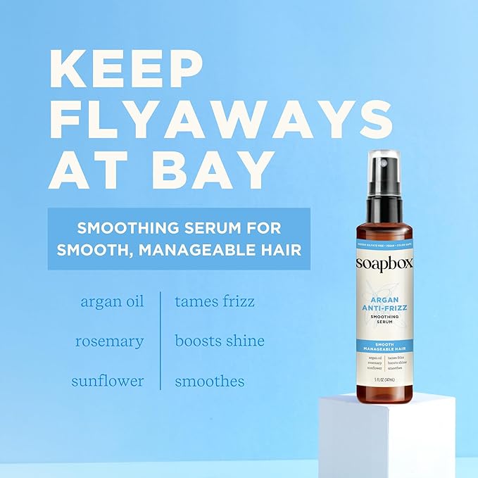 Soapbox Argan Oil Smoothing Serum, Anti-Frizz Serum For All Hair Types with Shea Butter & Vitamin E Repairs Damage & Controls Flyaways - Vegan, Cruelty and Gluten Free (5 Fl oz)