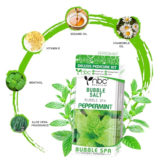 Pedicure Kit Foot Soak Set: Bubble Salt, Sugar Scrub, Massage Mask, Massage Lotion in a Box, 4 Step Foot Spa Kit for Dry Feet, Calluses and Tired Feet（3 Set Peppermint）