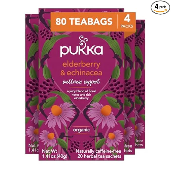 Pukka Organic Tea Bags, Elderberry & Echinacea Herbal Tea, Perfect for Wellness Support, Caffeine Free, 20 Count (Pack of 4) 80 Bags