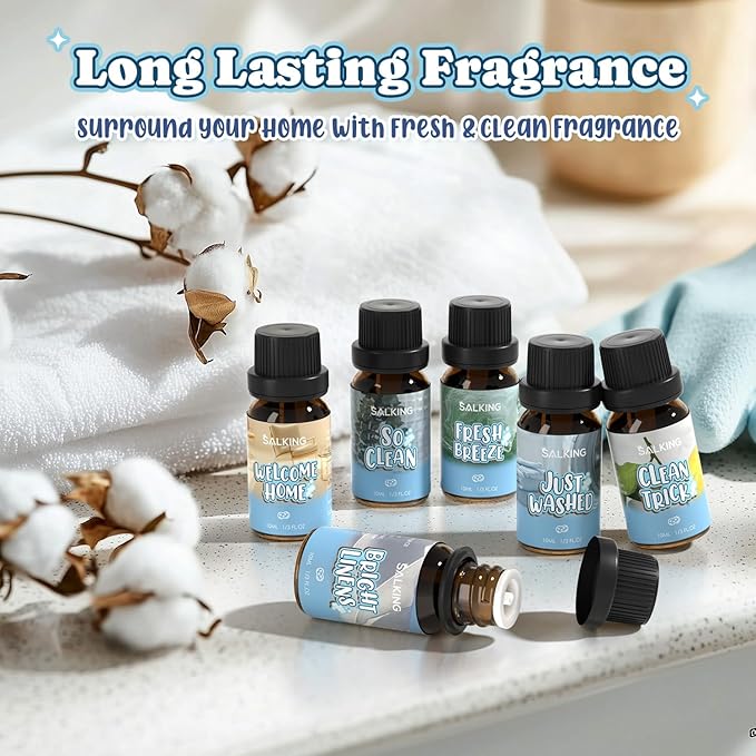 SALKING Housekeeping Fragrance Oils, Premium Essential Oil for Diffuser, Scented Oil Gift Set for Soap Candle Making - Just Washed, Welcome Home, Bright linens, Clean Trick, Clean Breeze, So Clean