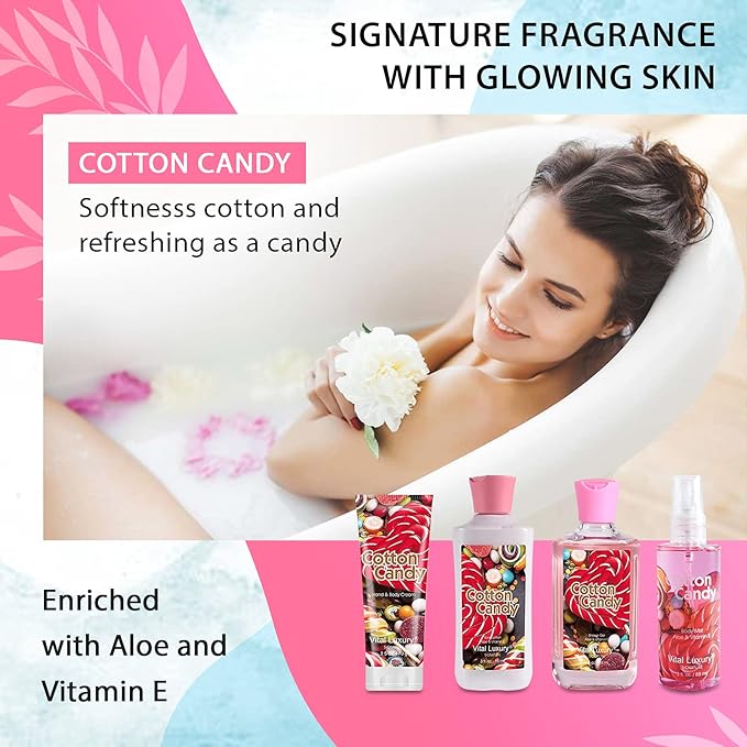 Cotton Candy Bath & Body Kit, 3 Fl Oz, Ideal Skincare Gift Home Spa Set, Includes Body Lotion, Shower Gel, Body Cream, and Fragrance Mist, Birthday Mother's Day Gifts