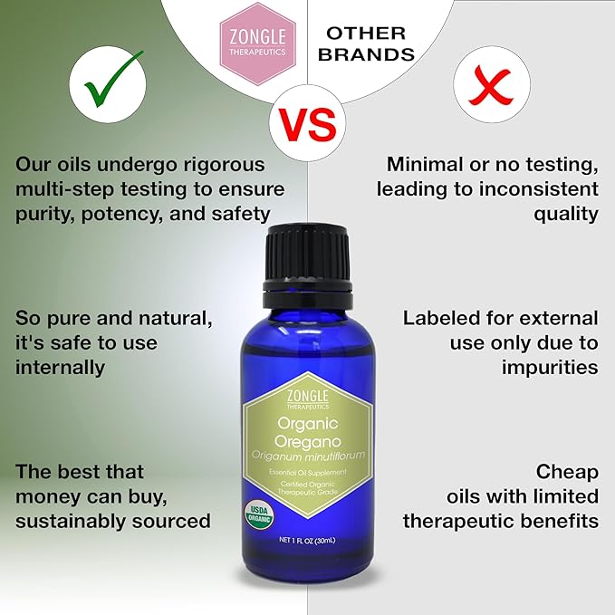 Zongle Therapeutics Organic, Oregano Oil, Food Grade, Safe for Ingestion, Edible, for Drops, Kids – 100% Pure, Oregano Essential Oil, 1 OZ