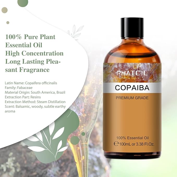 Copaiba 3.38fl.oz Essential Oil, PHATOIL Pure Aromatherapy Oils for Diffuser, Humidifier, Perfect for DIY Soap, Candle, Bath Bombs Making(100ml)