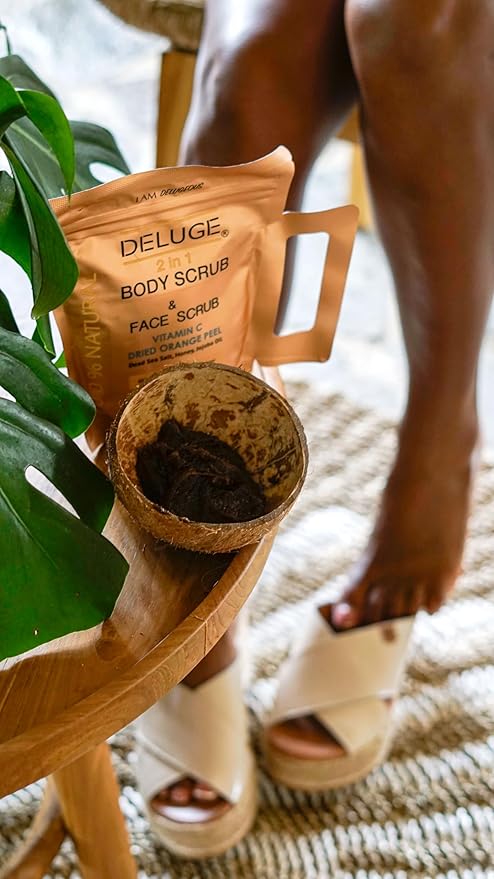 Deluge Coffee Scrub for Cellulite and Stretch Marks, Body Exfoliant and Hydrating Cellulite Treatment with Shea Butter, Coconut Oil and Dead Sea Salt Firms, Tones and Moisturizes Skin (10 oz)