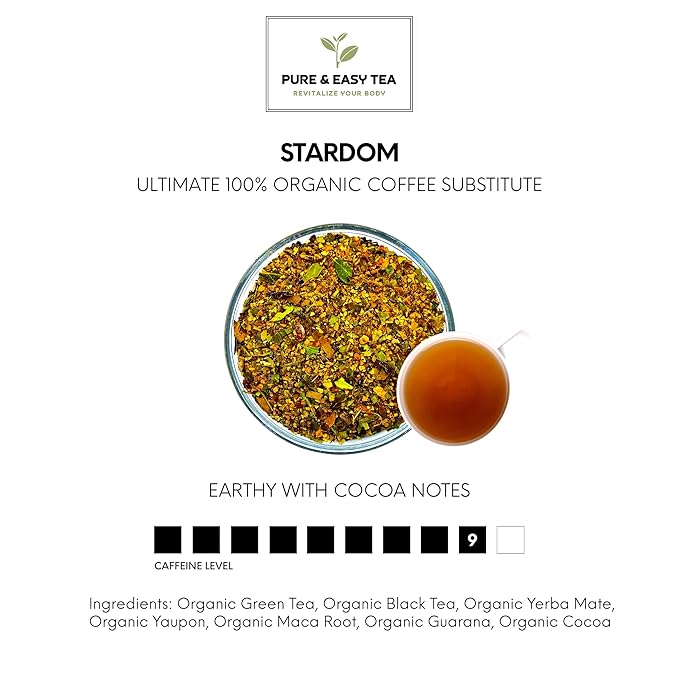 Pure And Easy Tea, Stardom, Natural Energy & Stamina Tea, Organic Coffee Alternative with 180mg Caffeine, 100% Natural Herbal Blend, 30 Biodegradable Tea Bags
