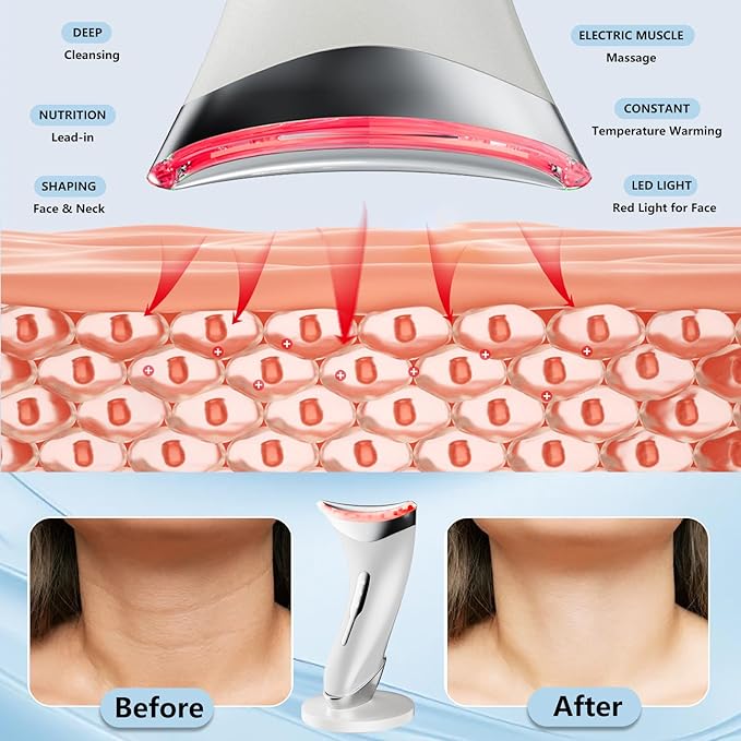 Facial Massager for Face and Neck, Red-Light-Therapy and Vibration Technologies (White)