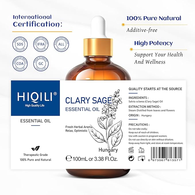 HIQILI Clary Sage Oil Essential, Herbal Sooth Aroma in Diffuse for Anxiety Relief, Meditation, Calming Sleep at Bedtime, Body Massage, Moisturize Skin, DIY Deodorant Spray - 100ML