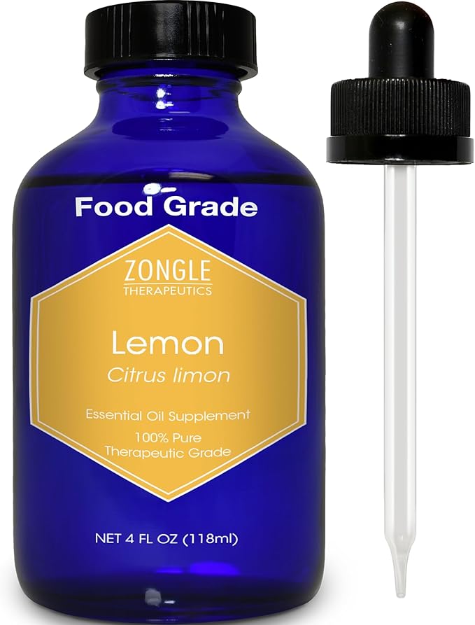 Lemon Essential Oil, Food Grade, for Cooking, Baking – 100% Pure, Lemon Oil, by Zongle Therapeutics, 4 OZ