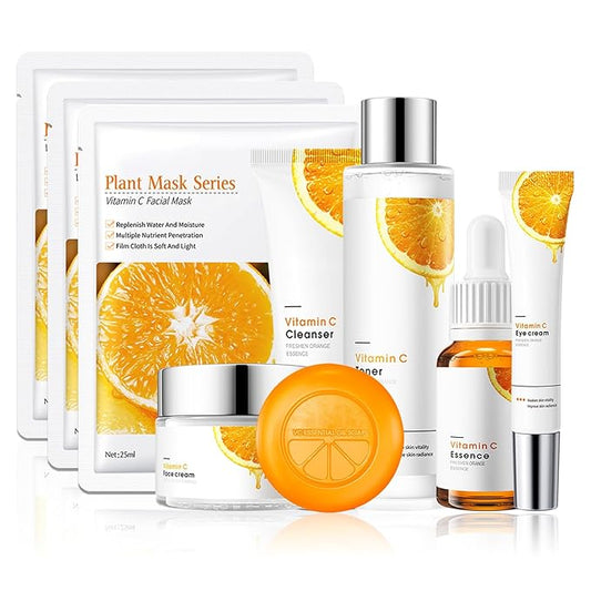 Vitamin C Skincare Set,Hydrating Travel Size Face Wash,Moisturizing Face Toner & Face Serum & Face Cream,Eye Cream Skin Care Gift Set for Women（9PCS)