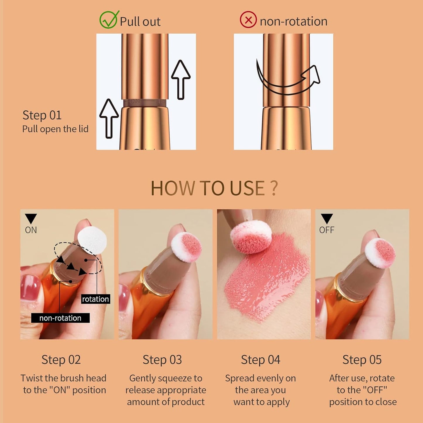 Highlighter Beauty Wand, Cream Liquid Highlighter Makeup Stick, Silky Smooth Face Shimmer Bronzer Stick with Cushion Applicator, Lightweight Body Face Glowing Highlighter, Cruelty-free（Rose Gold）