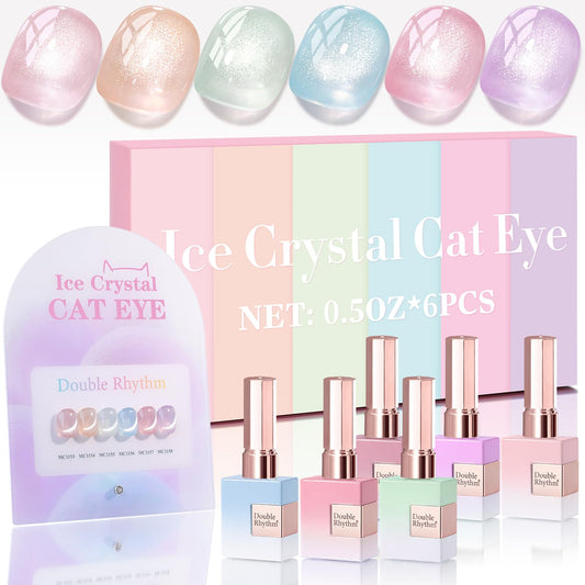 Double Rhythm Cat Eye Gel Nail Polish Set of 6 Same Color Same Bottle 0.5 Oz Shimmer Glitter with Magnet Holographic Reflective Magnetic UV Nail Polish Kit (Silver Nude Pink Blue Purple-T6-28)
