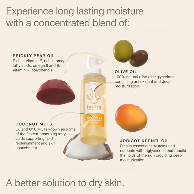 HUME SUPERNATURAL Dry Body Oil Spray - Ultra Hydrating Oil for Dry Skin, Light and Nourishing Body Oils for Women and Men, Long-Lasting Moisture (Amber Woods 2-Pack)