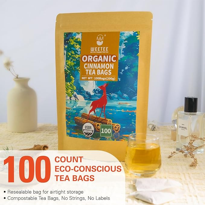 WT WEETEE Organic Cinnamon Tea Bags, Made with 100% Natural & Pure Cinnamon, Natural Caffeine-free Herbal Tea, Spice Tea 2g x 100 Counts