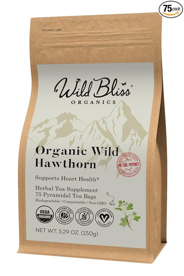 Organic Wild Hawthorn Leaf and Flower Herbal Tea - Caffeine Free - Pharmacopoeia Potency - 75 Plant Based Tea Bags