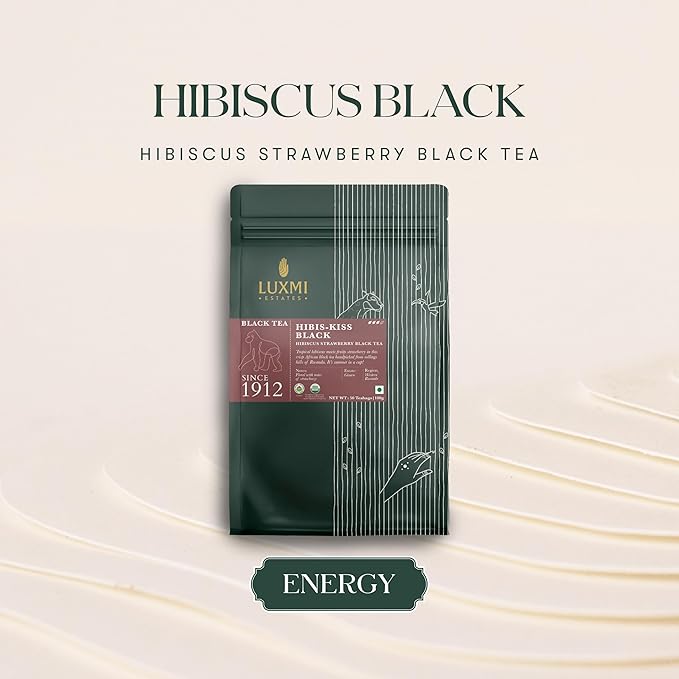 Luxmi Estates - Hibis-Kiss - Organic Hibiscus Tea - 50 Tea Bags | With Hibiscus, Strawberry, Organic Black Tea and Other Natural Extracts | Juicy, Triopical and Fresh