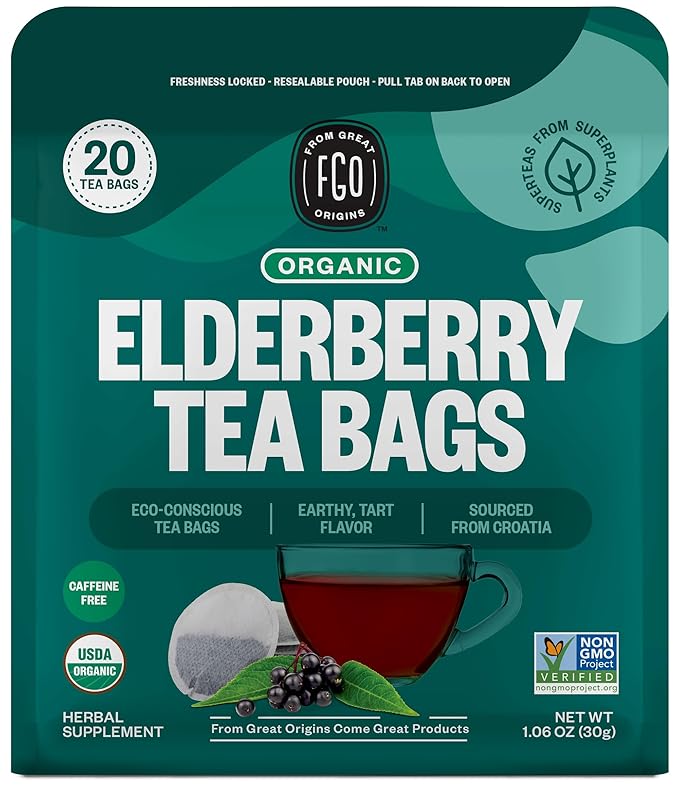 FGO Organic Elderberry Herbal Tea, 20 Count, Eco-Conscious Tea Bags, Caffeine Free, Resealable Bag, Packaging May Vary (Pack of 1)