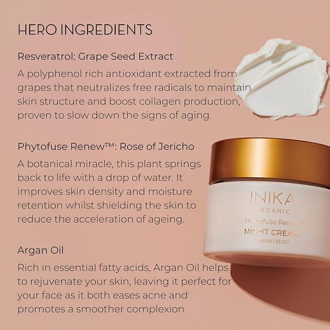 INIKA Organic Phytofuse Renew™ Night Cream | Nourishing Anti-Aging overnight skin repair cream with Natural and Vegan ingredients 50 ml