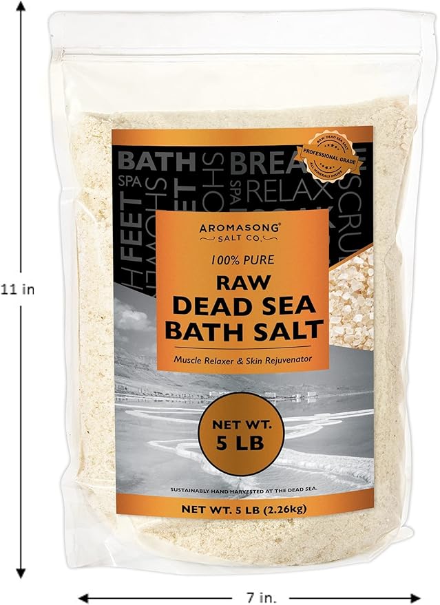 Aromasong 5 lbs Raw Dead Sea Salt - Contains All Dead sea Minerals Including Dead sea Mud - Fine Medium Grain Bath Salt Large resealable Bulk Pack (Packaging May Vary)