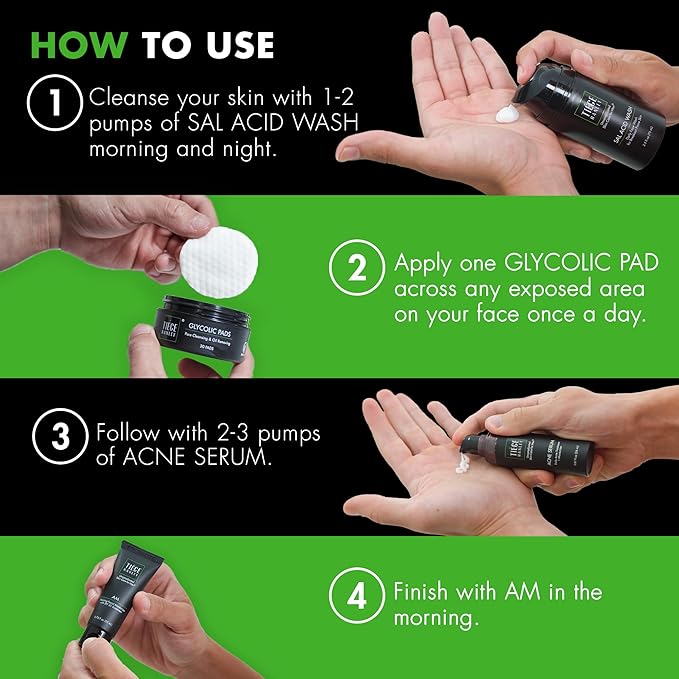 Tiege Hanley Men's Acne Treatment System (Level 2) - TiegeClear Advanced Routine for Smooth Skin - Includes Sal Acid Wash, Glycolic Acid Pads, and Serum - All Skin Types