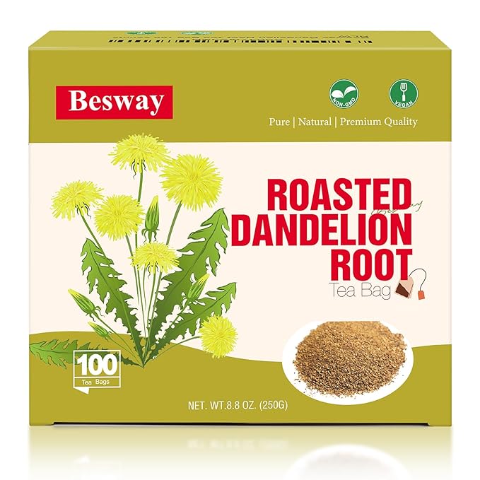 Besway Dandelion Root Tea Bag 100 counts, 2.5g/Bag Premium Roasted Dandelion Root Caffeine-Free, Detox Herbal Tea for Digestion & Immune Support 100% Natural, Non-GMO, Product of China