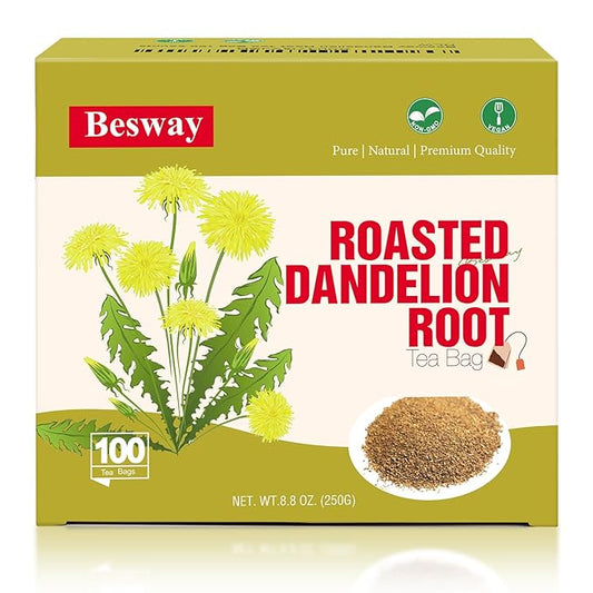 Besway Dandelion Root Tea Bag 100 counts, 2.5g/Bag Premium Roasted Dandelion Root Caffeine-Free, Detox Herbal Tea for Digestion & Immune Support 100% Natural, Non-GMO, Product of China