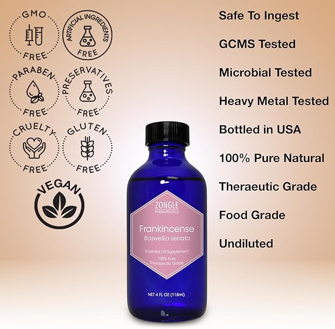Frankincense Essential Oil, Food Grade, for Face, Pain Relief – 100% Pure, Frankincense, Resin, Oil, Boswellia Serrata, Edible, by Zongle Therapeutics, 4 OZ