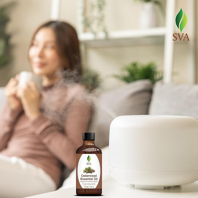 SVA Cedarwood Essential Oil – 4 Fl Oz – 100% Natural Cedar Cupressus Funebris Oil - for Diffuser, Hair Care, Face, Skin Care, Aromatherapy, Scalp and Body Massage, Soap and Candles - with Dropper