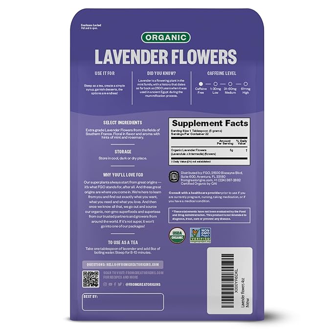 FGO Organic Dried Lavender Flowers, Extra Grade Dried Buds, Imported From France for Culinary or Sachet Bags, 4oz, Packaging May Vary (Pack of 1)