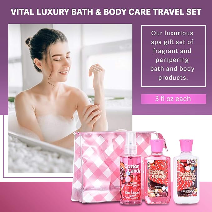Cotton Candy Bath & Body Care Travel Set, Home Spa Gift Set Includes Body Lotion, Shower Gel, and Fragrance Mist, Personal Body Care Travel Set, Birthday Mother's Valentine's Day Gifts