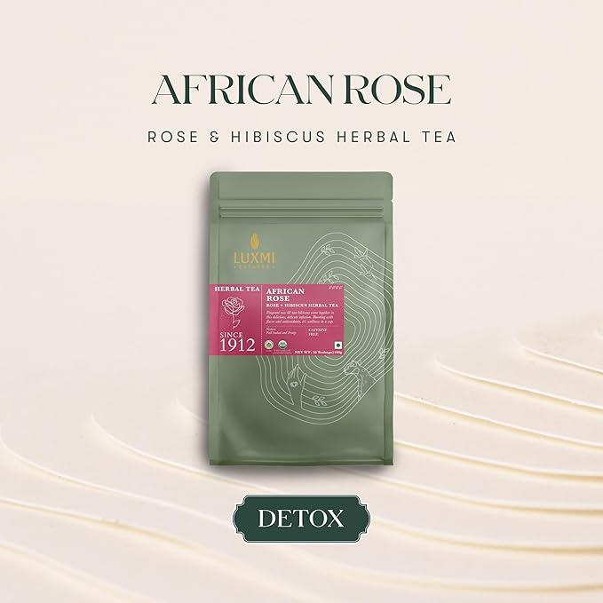 Luxmi Estates - African Rose - Organic Hibiscus Rose Tea - 50 Tea Bags | With Soothing Rose and Hibiscus | Great for Skin DeTox - Supports a Healthy Glow