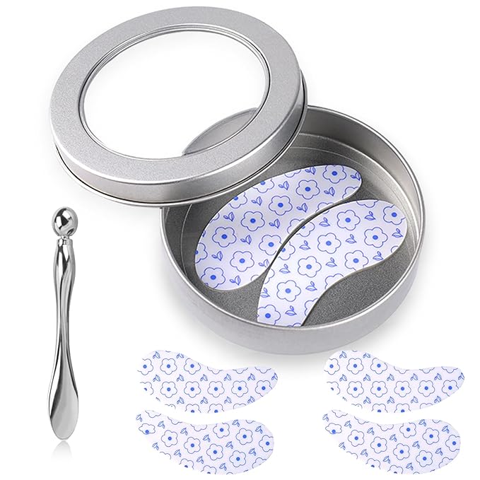 Reusable Eye Patches, 2 Pairs Silicone Under Eye Patches for Fine Lines & Dark Circles with Metal Eye Cream Applicator, Visible Metal Case