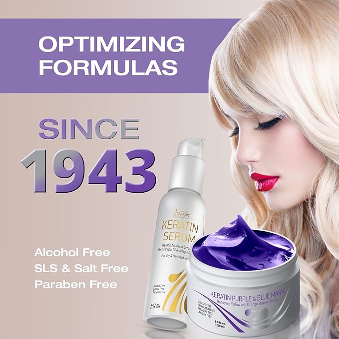 Vitamins Keratin Purple Blue Hair Mask and Serum Kit - Conditioning Anti-Brassiness Toner for Bleached Blonde Platinum Silver White Gray Dry Damaged Hair, Heat Protectant and Anti-Frizz Gloss