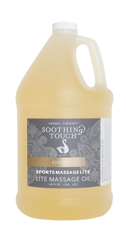 Soothing Touch Sports Massage Lite Oil, 1 Gallon, Deep Penetration, Quick Absorption, Peppermint, Eucalyptus, Clove, Relieve Tension and Muscle Pain, Leaves No Residue, Soft, Moisturized Skin