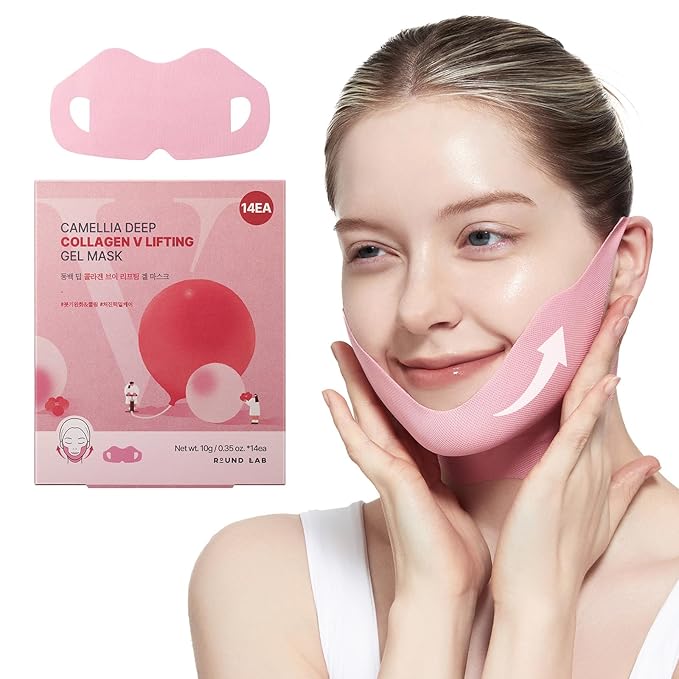 ROUND LAB Camellia Deep Collagen V Lifting Gel Mask 10g/0.35oz *14EA | face toning belt, collagen v-line mask, improves sagging skin, lifting & firming, double-chin mask, instant cooling & depuffing