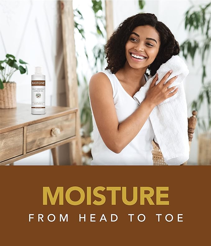 BIOTONE Truly Coconut Massage Oil with Organic Coconut Oil, Melts Away Tension and Promotes Deep Relaxation, Light, Versatile, Long-Lasting, Easy Wash-Out, Can Also Use as a Bodycare Oil