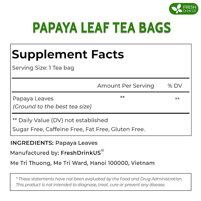 FreshDrinkUS, Premium 75 Papaya Leaf Tea Bags, 100% Natural & Pure from Papaya Leaves. Loose Leaf Papaya Herbal Tea. Made with Natural Material Tea Bags. No Sugar, No Caffeine, No Gluten, Vegan.