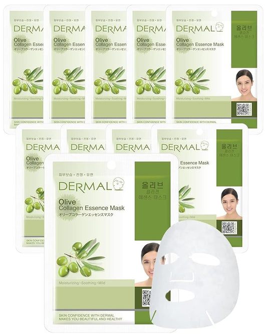 DERMAL Olive Collagen Essence Korean Facial Mask Sheet Pack of 10 - Nourishing, Deep Hydration, Reduces Fine Wrinkles - Hypoallergenic Skin Friendly Sheet