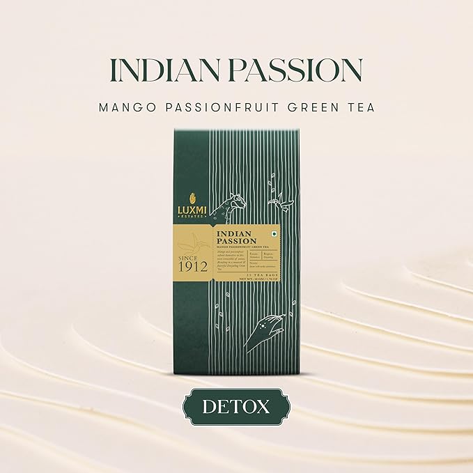 Luxmi Estates - Indian Passion - Organic Mango Passion Fruit Green Tea - 25 Tea Bags | With Mango & Passion Fruit | Brew as Iced Tea or Hot