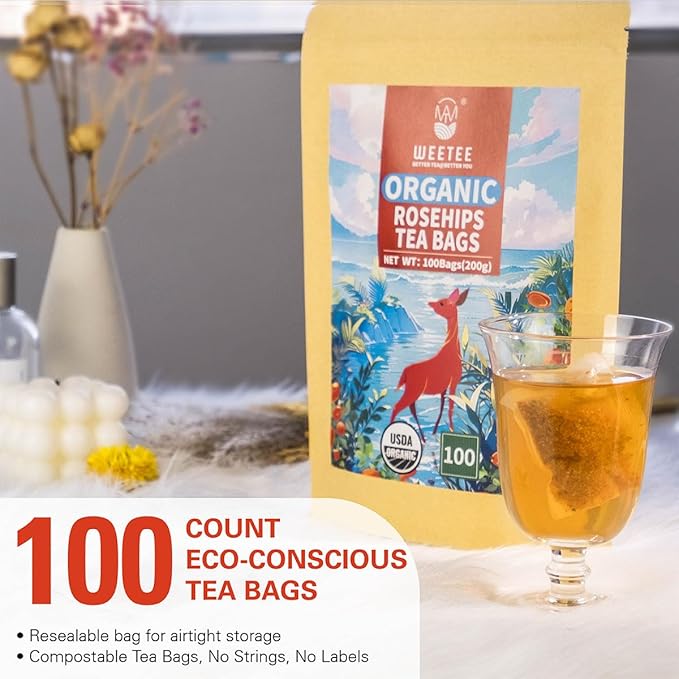 WT WEETEE Organic Rosehips Tea Bags, Made with 100% Natural & Pure Crushed Rose Hips, Natural Caffeine-free Herbal Tea 2g x 100 Counts