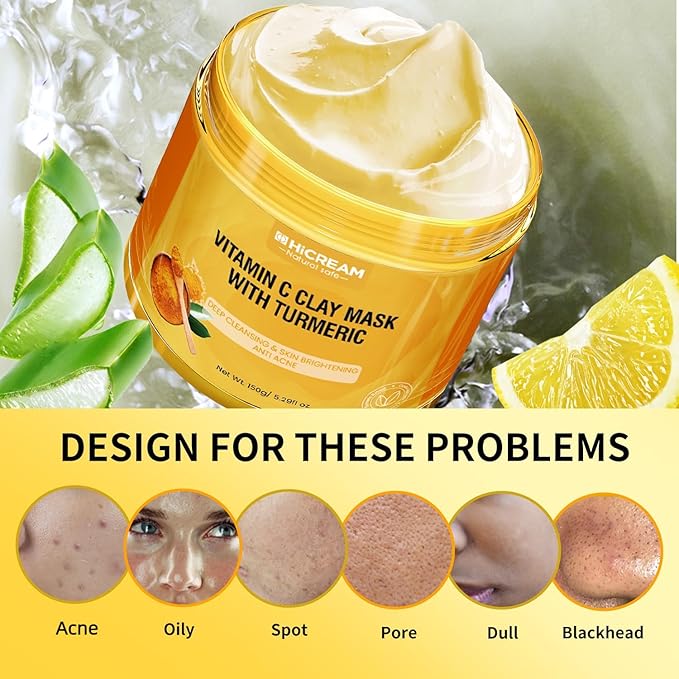 Turmeric Vitamin C Clay Mask with Kaolin Clay and Turmeric for Dark Spots, Dull Skin, Skincare Facial Mask for Controlling Oil and Refining Pores 5.29 Oz (yellow)