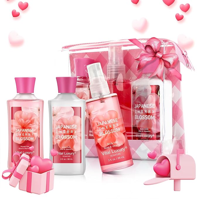 Bath & Body Care Travel Set - Home Spa Set with Body Lotion, Shower Gel and Fragrance Mist, Personal Body Care Travel Set for Birthday Christmas New Year Gifts(Japanese Cherry Blossom)
