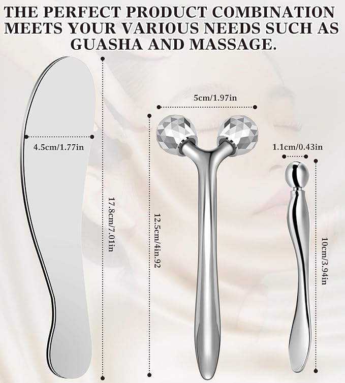 Face Roller, Large Stainless Steel Metal Guasha & Eye Cream Applicator Facial Tool Set Eye Massager Lymphatic Drainage Gua Sha for Face Neck