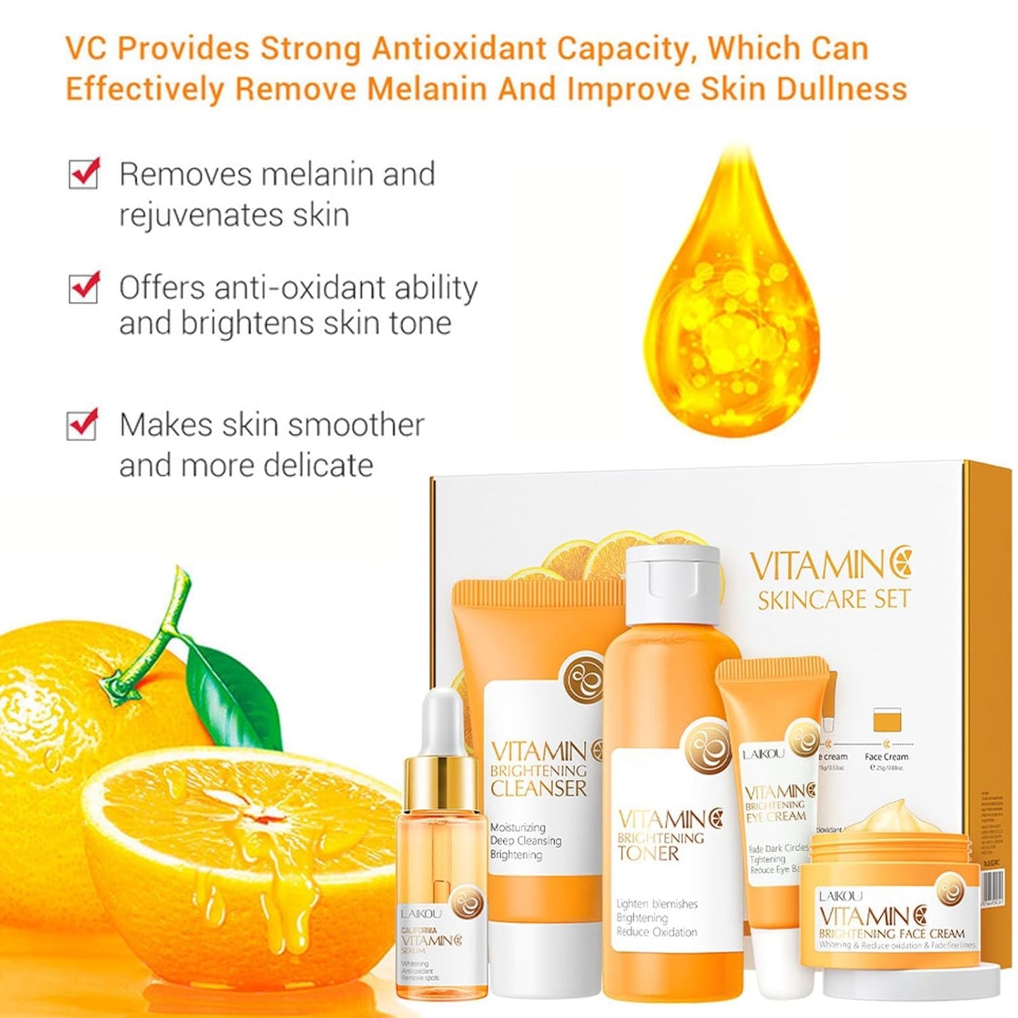 Vitamin C 5-Piece Skincare Set with Cleanser, Toner, Serum, Eye Cream and Face Cream for Skin Brightening skin care set skincare gift set skin care set for Unisex Adult