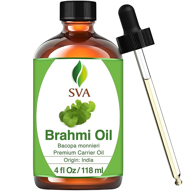 SVA Brahmi Oil - 4 Fl Oz – 100% Natural Cold Pressed Brahmi Oil - for Face, Skin Care, Hair Care, Scalp Massage & Body Massage – Carrier Oil with Dropper