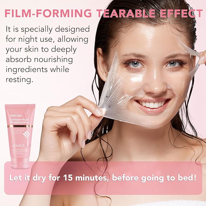 Collagen Night Wrapping Mask, Peel Off Face Mask with Jelly Brush, Jelly Masks for Facials Professional Korean Skin Care, Elasticity & Hydration Care Overnight Collagen Mask for Women - 2.53 oZ