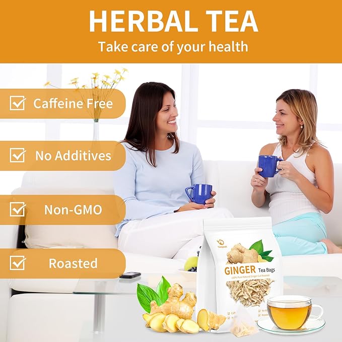 Dried Ginger Root Tea Bags - 60bags/6.4 OZ 100% Pure & Natural Roasted Ginger Herbal Tea, Caffeine Free, No Additives, No Sugar, Non-GMO, No Gluten
