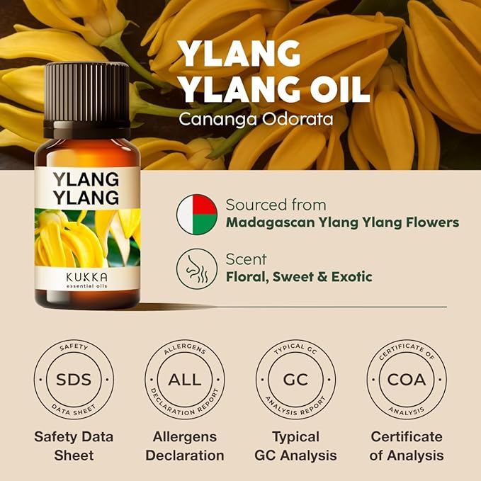 Kukka Ylang-Ylang Essential Oil for Skin Hair & Diffuser - 0.34 Fl Oz - 100% Pure Natural, Floral Scent, for Aromatherapy,Bath Bomb & Soap Making Scent DIY