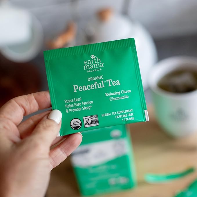 Earth Mama Organic Peaceful™ Tea | Stress Less! Calming, Relaxing Herbal Blend Safe for Pregnancy & Beyond, 16 Teabags Per Box (6-Pack)