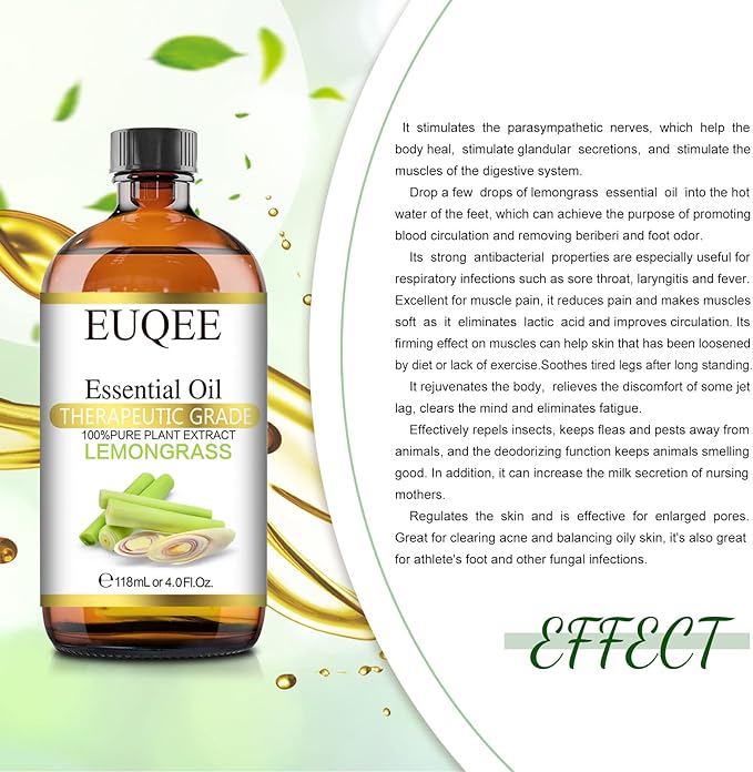 Lemongrass Essential Oil 118ml Premium Lemongrass Oil with Glass Dropper, Great for Diffuser, Candle Making - 4Fl. Oz